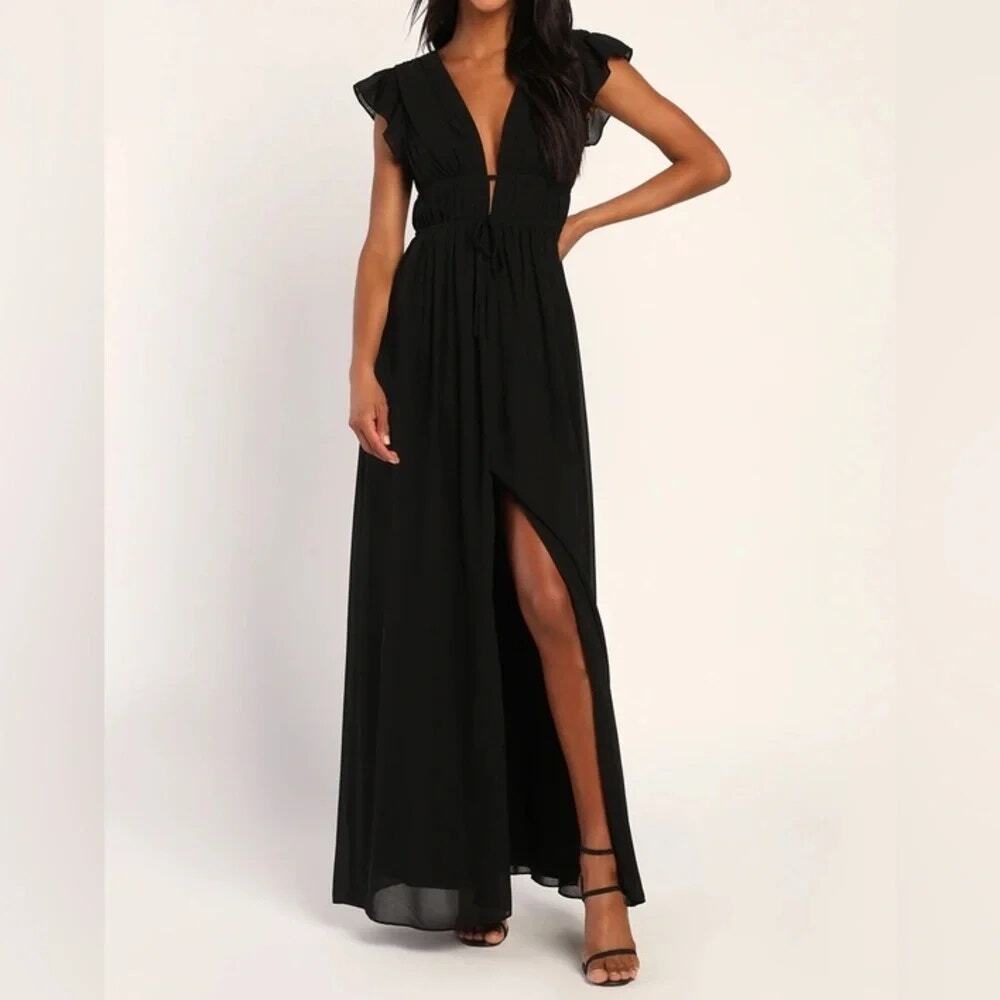 NWT Lulus I'm All Yours Black V Neck Ruffled Chiffon Lined Maxi Dress L Black